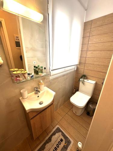 a bathroom with a sink and a toilet and a mirror at Argiro's apartment in Mytilene