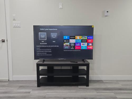 a flat screen tv sitting on a stand in front of a wall at 2705 B Makowsky Crescent, Regina in Regina