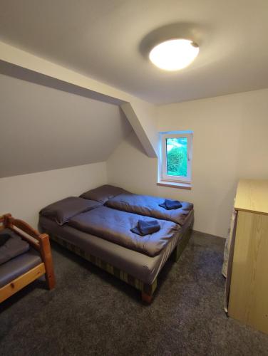 a bedroom with two beds and a window at Chata Luisa in Nová Komora