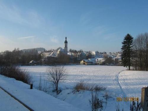 un champ couvert de neige avec une ville en arrière-plan dans l'établissement Wohnung In Bad Kötzting, à Bad Kötzting