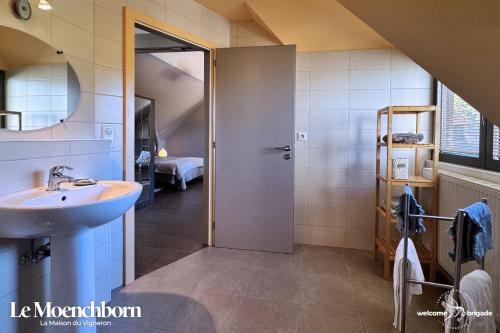 a bathroom with a sink and a mirror at Combo Praelatenberg 2 appartements dans la même maison in Orschwiller