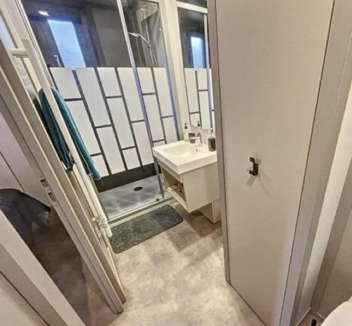 a bathroom with a sink and a mirror at Le Cottage de Laura Jullouville 6 pers in Jullouville-les-Pins