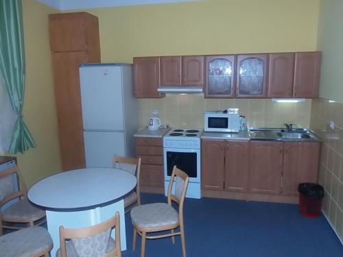 a small kitchen with a table and a white refrigerator at Penzion Netolice in Netolice