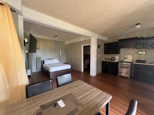 ein Wohnzimmer mit einem Bett und einer Küche in der Unterkunft MJay's Studio in Paix Bouche