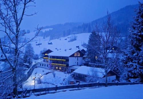 une maison dans la neige avec de la neige couverte dans l'établissement Alpenhotel Sonneck - mit Bergbahnticket, à Bad Hindelang