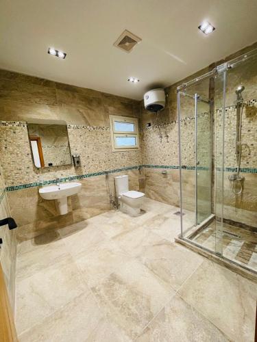 a bathroom with a toilet and a sink and a shower at Desert Rose Hotel in Siwa