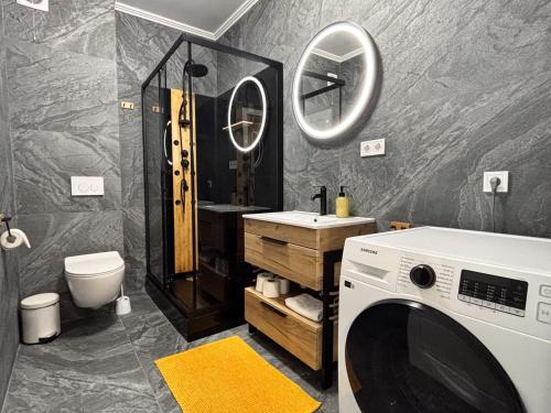 une salle de bains avec lave-linge et lavabo dans l'établissement Skyresort- Kingsize Bed, Close To The Airport, à Someşeni