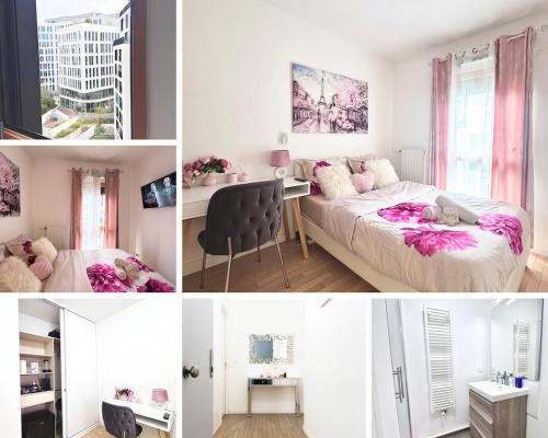 un collage de photos d'une chambre avec un lit et un bureau dans l'établissement chambre avec salle de bain privée au cœur de La Défense, à Nanterre