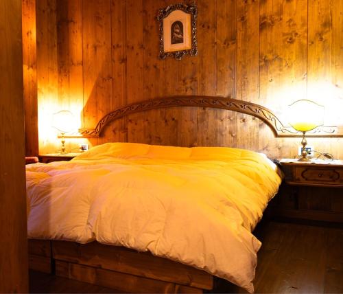 een slaapkamer met een bed met twee nachtkastjes en twee lampen bij Mansarda Ca Geranei in San Vito di Cadore