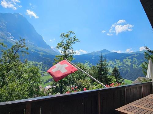 Eine Flagge auf einem Balkon mit Bergblick in der Unterkunft Chalet Tannegüetli in Grindelwald