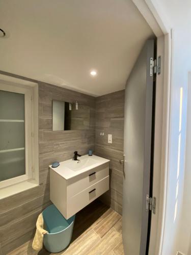 ein Badezimmer mit Waschbecken und Spiegel in der Unterkunft Appartement calme à Saint Maixent l'Ecole in Saint-Maixent-lʼÉcole