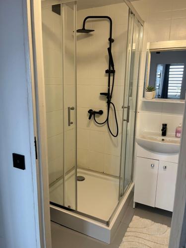 a shower with a glass door next to a sink at Apartament 2 pokojowy w Centrum Miasta in Żagań