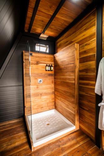 a sauna with a glass shower in a room at Hotel Coyote in San Miguel de Allende