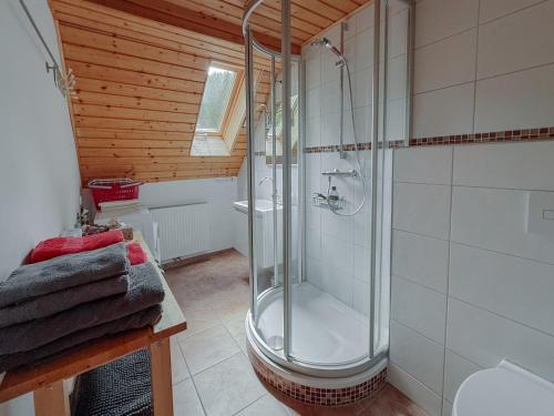 ein Badezimmer mit Dusche und Waschbecken in der Unterkunft Gasthaus Talblick - Schwarzwald Plus Karte inkludiert in Baiersbronn