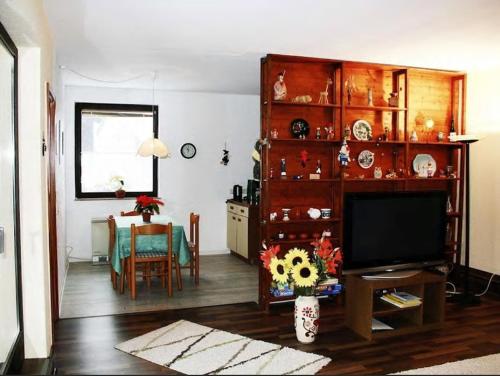 a living room with a television and a dining room at Paradies Hoffmann in Bad Lauterberg