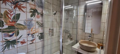 a bathroom with a shower with a sink and a mirror at Chambres d'hôtes de Massigoux in Aurillac