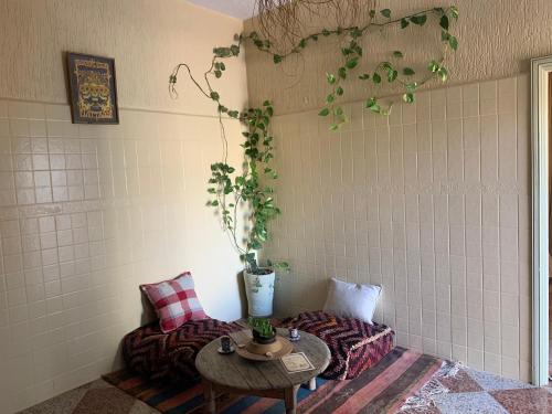 a room with two beds and a table with a plant at The FlowHost in Tamraght Ouzdar
