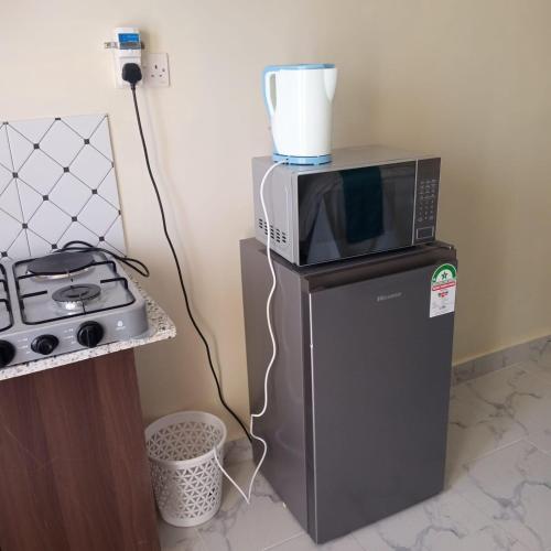 a microwave sitting on top of a refrigerator at Dadesa place in Kakamega