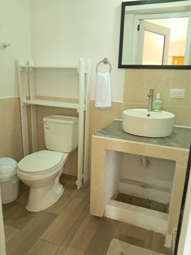 ein Badezimmer mit Toilette, Waschbecken und Spiegel in der Unterkunft Villa Don Carlos in San Juan La Laguna