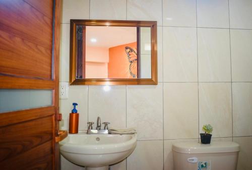 une salle de bain avec un lavabo et un miroir et des toilettes dans l'établissement Departamento céntrico con terraza, à Mineral de Angangueo