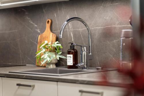eine Küchentheke mit einem Waschbecken mit einer Flasche Seife in der Unterkunft Vapari - Tampere Soccer Stadium by Come in! in Tampere