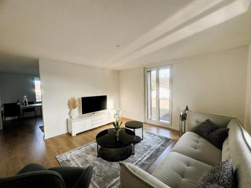a living room with a couch and a tv at 3-Zimmer-Apartment mit Terrasse, 5 Min zu Bahn & Shops in Luterbach