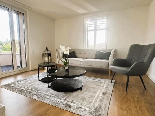 a living room with a couch and a table and chairs at 3-Zimmer-Apartment mit Terrasse, 5 Min zu Bahn & Shops in Luterbach