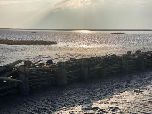 einen Holzzaun an einem Strand in der Nähe des Wassers in der Unterkunft Salzwiesenblick in Westerdeichstrich