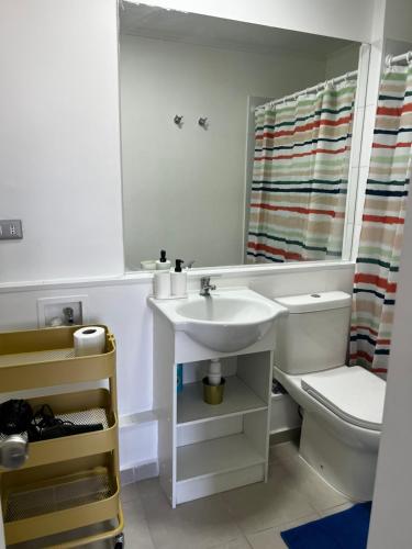 um banheiro com uma pia, um vaso sanitário e um espelho em 2 habitaciones 1 baño- a pasos de restaurantes centros comerciales em Rancagua