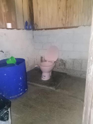a bathroom with a toilet and a blue bucket at Fam Wall Homestay in Keruo