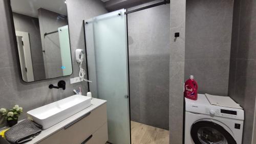 a bathroom with a sink and a washing machine at WHITE HORTENZIA Guesthouse in Batumi