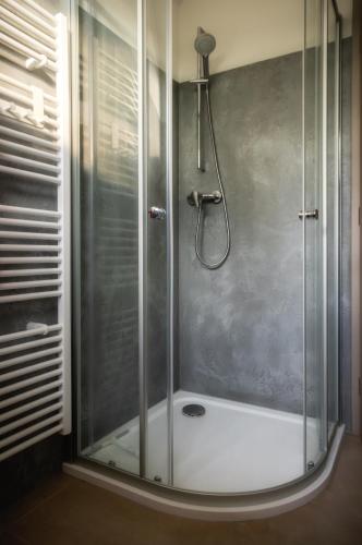 a shower with a glass door in a bathroom at Apartmány a chatky Camp Telč - U Roštěnky in Telč