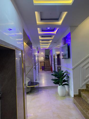 um corredor com um vaso de plantas num edifício em Triple J Universal Hotel and Suites em Asaba