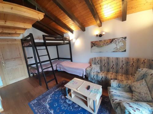 ein Wohnzimmer mit einer Couch und einem Etagenbett in der Unterkunft Ginepro Verde Apartment in Lorenzago