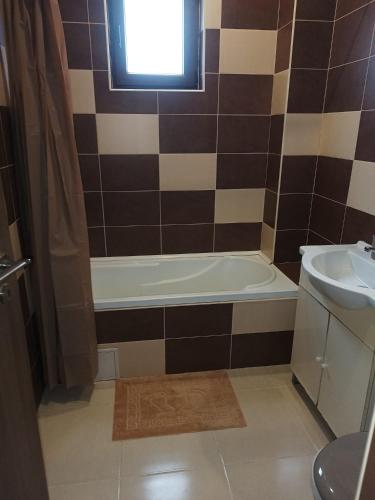 a bathroom with a tub and a sink at Apartament Royal in Şelimbăr