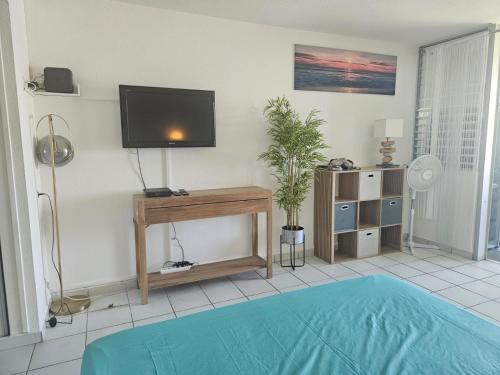 een woonkamer met een flatscreen-tv op een tafel bij Yucca Sea View in Le Gosier