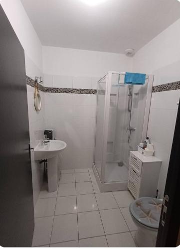a white bathroom with a shower and a sink at Le Clos Doux in Céaux