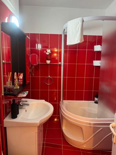 a red tiled bathroom with a sink and a tub at Abe Studio in Craiova