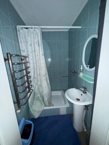 ein Badezimmer mit Duschvorhang und Waschbecken in der Unterkunft ЯВіС in Mamaivci Village