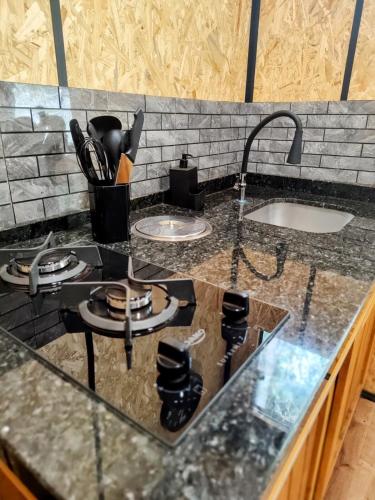 eine Küche mit zwei Waschbecken und einer Arbeitsplatte in der Unterkunft Charmoso Chalé container em Piracaia, in Piracaia