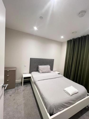 a bedroom with a bed and a green curtain at 2 Bedroom Brentford in Kew Bridge