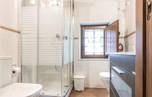 ein Badezimmer mit Dusche und Toilette und einem Fenster in der Unterkunft Casa Enacantadora en TresCares Junto a Ruta de el Cares y Picos de Europa in Oceño
