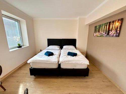 a bedroom with a bed with two blue pillows on it at kERVANHOF an der Donau in Kleinpöchlarn