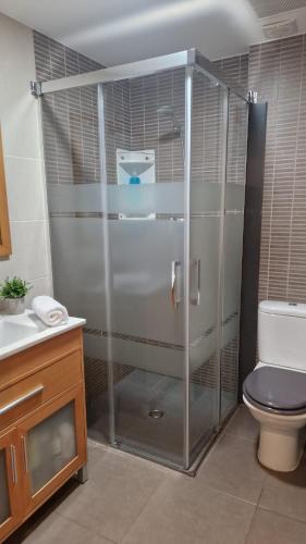 a bathroom with a shower with a toilet and a sink at Lo Pateret in Corbera
