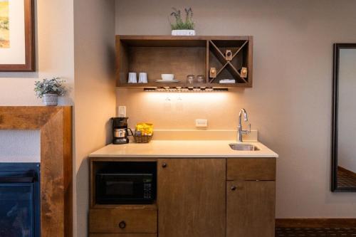 里奇兰The Lodge at Columbia Point的厨房里有水槽和微波炉