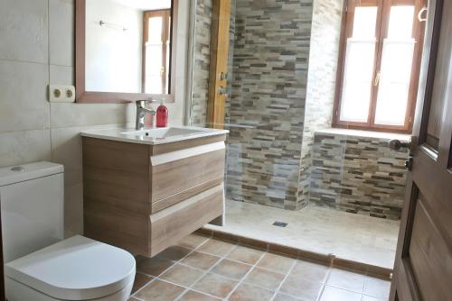 a bathroom with a shower with a toilet and a sink at Ço de Carles in Garós