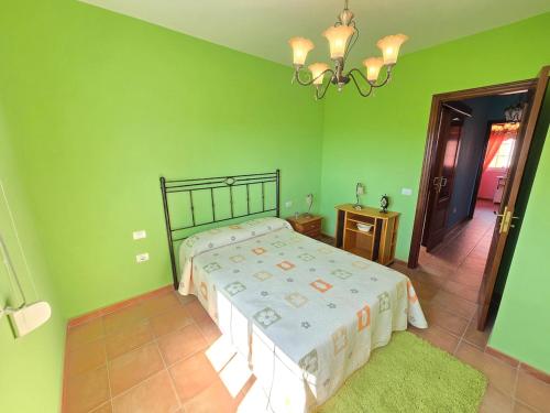 ein grünes Schlafzimmer mit einem Bett und einem Kronleuchter in der Unterkunft VV Zumacal La Palma in San Antonio