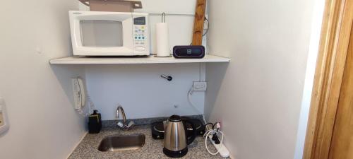 a kitchen with a sink and a microwave on a shelf at RelaxMza in Mendoza