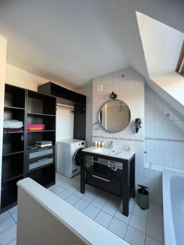 a bathroom with a sink and a mirror at Appartement Dôme 2 suites parentales in Ostwald