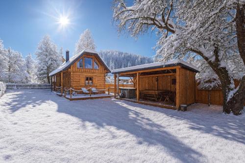 uma cabana de madeira na neve com o sol atrás dela em Drevenička Zázrivá Terchová em Zázrivá